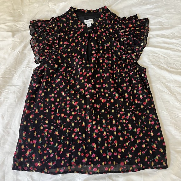 J. Crew Factory Tops - J Crew Women's XS Black Floral Sleeveless Ruffle Top Gold Accent‎ Blouse